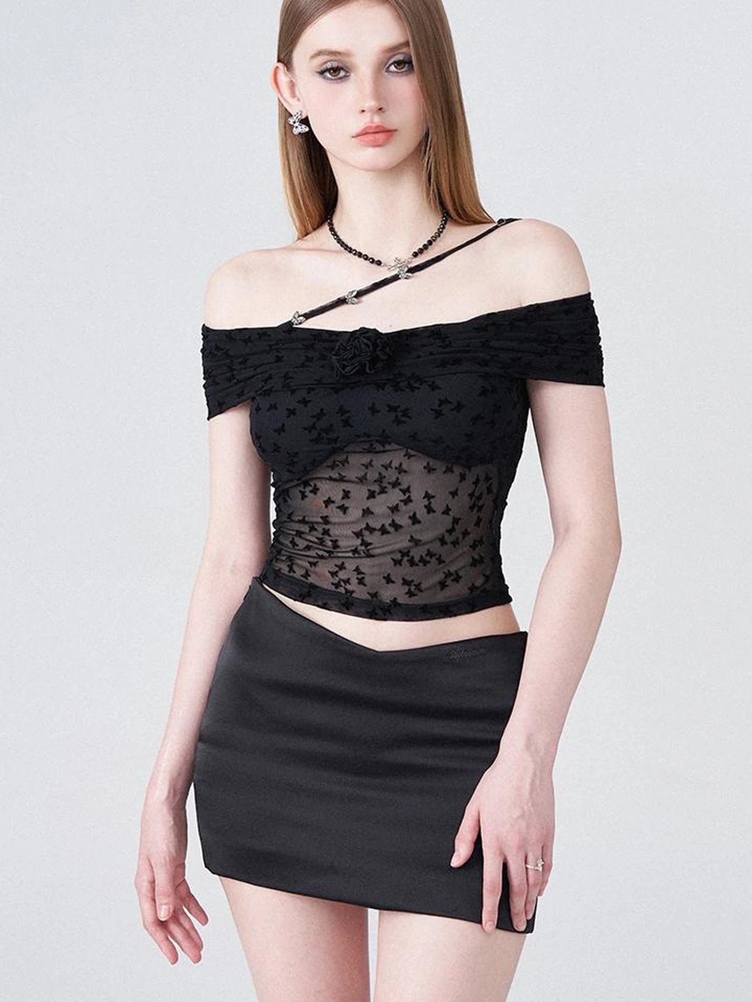 Butterfly Embroidered Mesh One Shoulder Crop Top