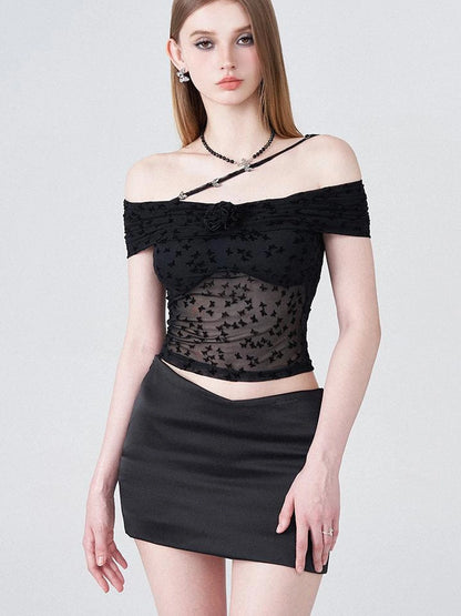 Butterfly Embroidered Mesh One Shoulder Crop Top