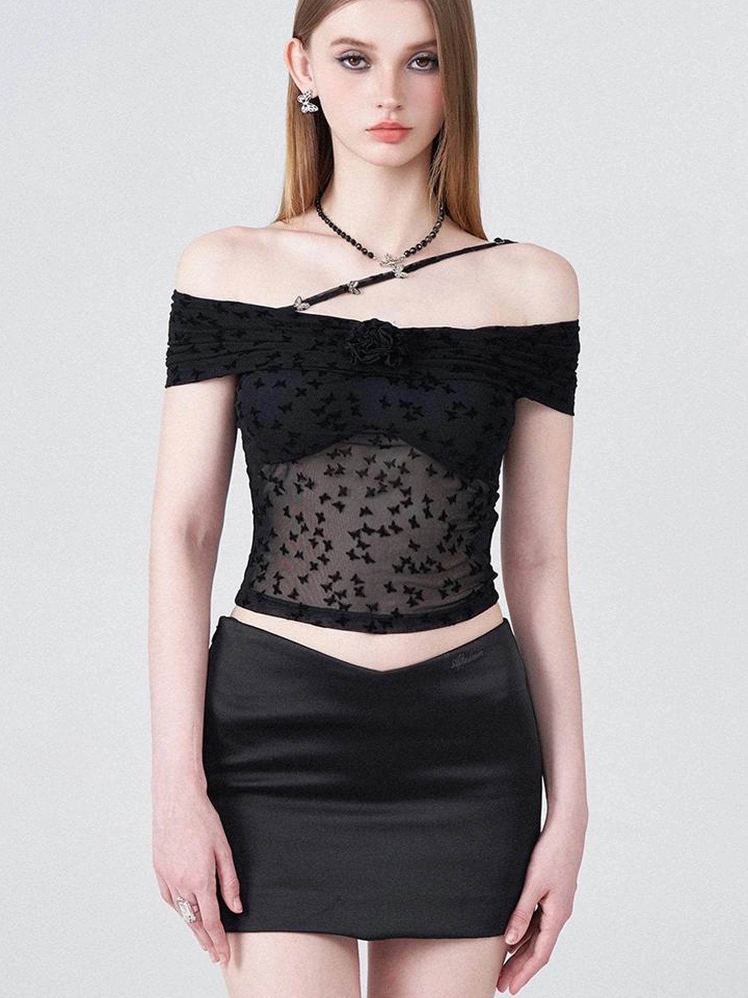 Butterfly Embroidered Mesh One Shoulder Crop Top