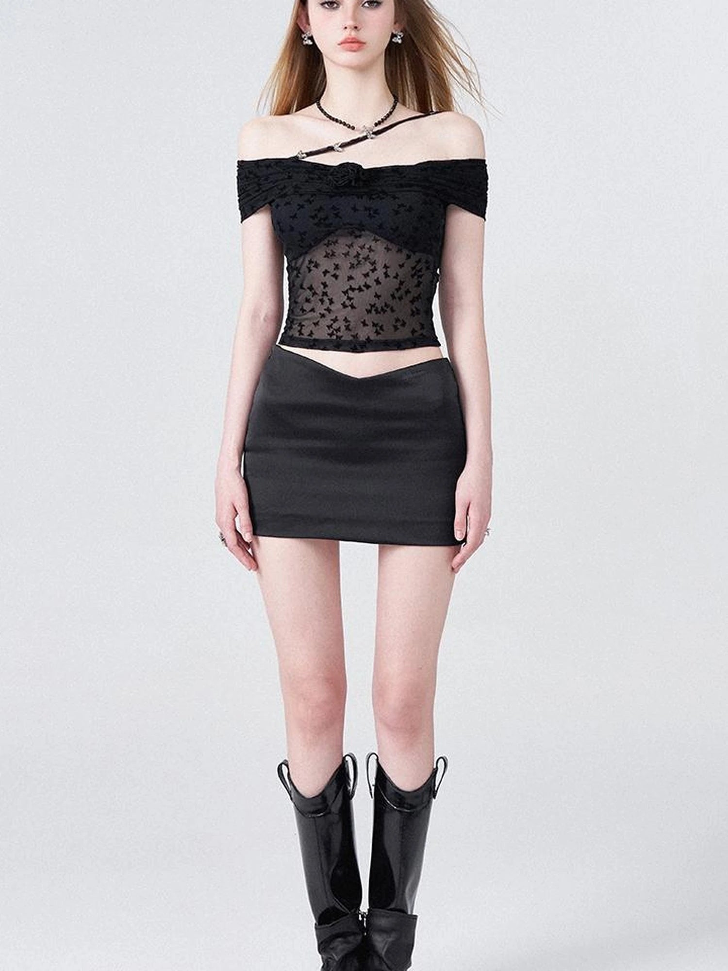 Butterfly Embroidered Mesh One Shoulder Crop Top