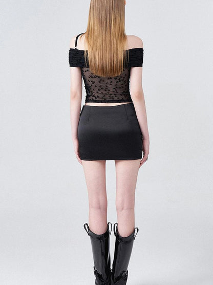 Butterfly Embroidered Mesh One Shoulder Crop Top