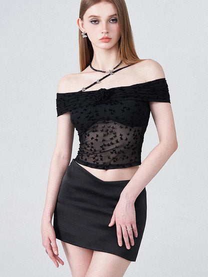 Butterfly Embroidered Mesh One Shoulder Crop Top