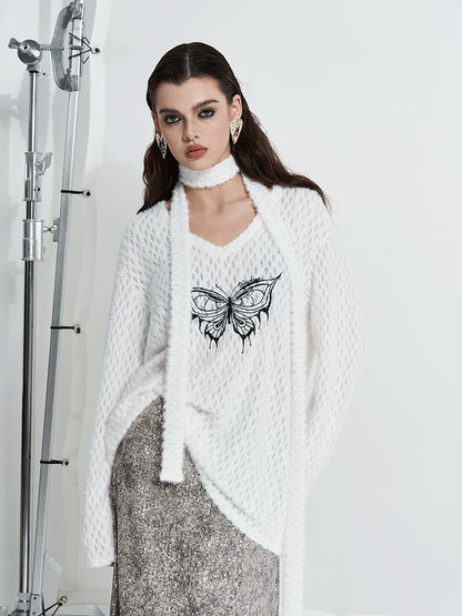 AFTADAWN Butterfly Embroidered V-Neck Sweater