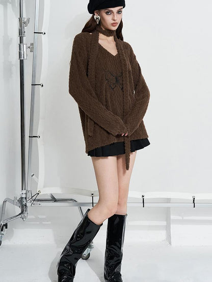 AFTADAWN Butterfly Embroidered V-Neck Sweater