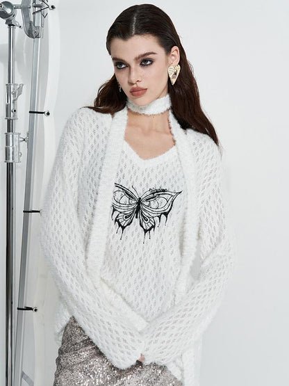 AFTADAWN Butterfly Embroidered V-Neck Sweater