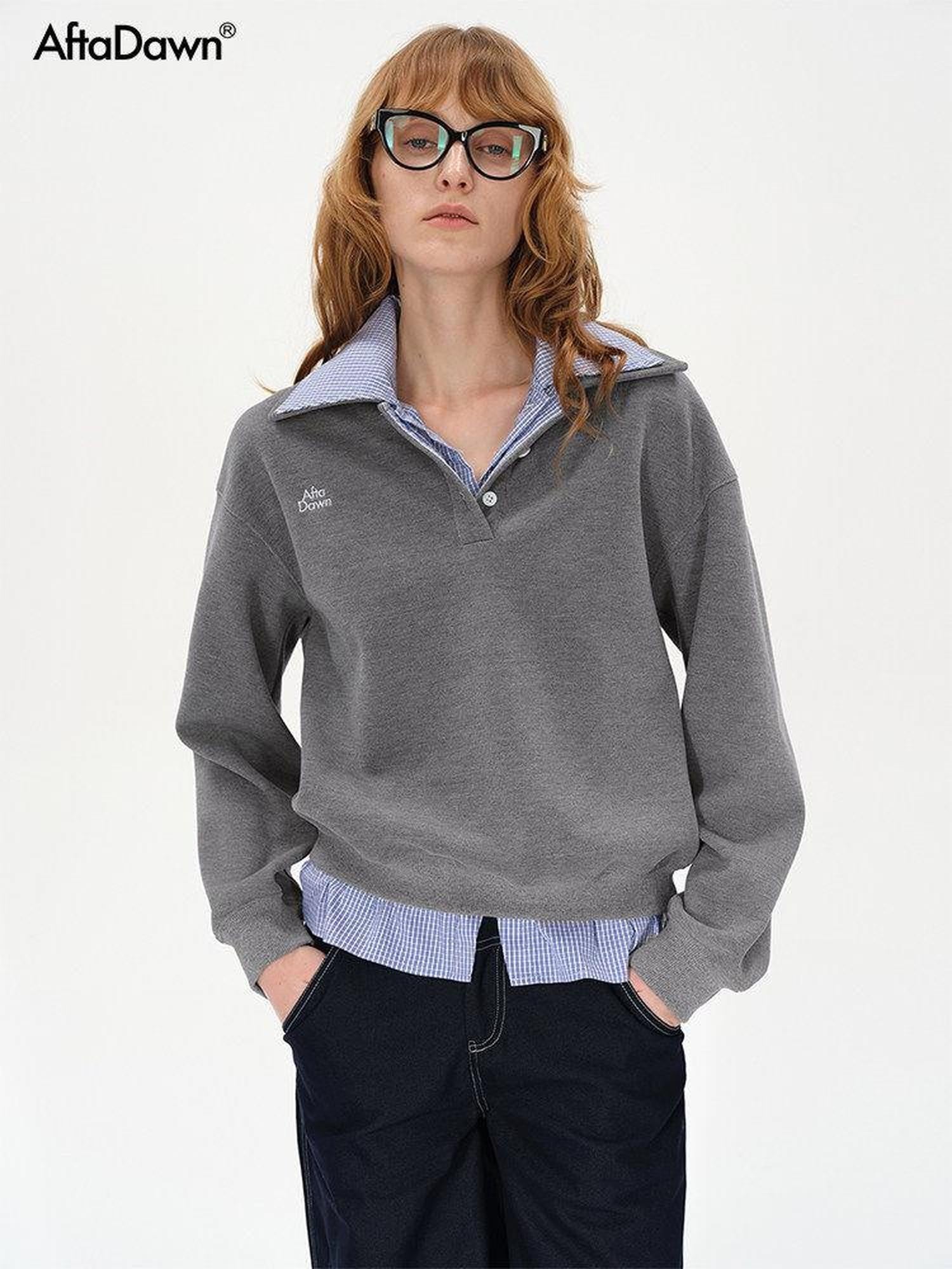 AFTADAWN Checked Patchwork Polo Collar Women&