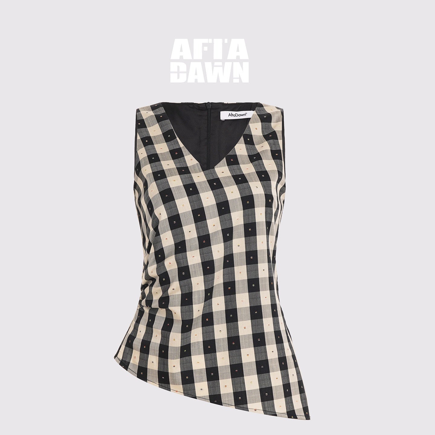 AFTADAWN_Checkered_3d_Embroidered_V-neck_Pleated_Asymmetric_Women&