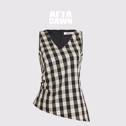 AFTADAWN_Checkered_3d_Embroidered_V-neck_Pleated_Asymmetric_Women&
