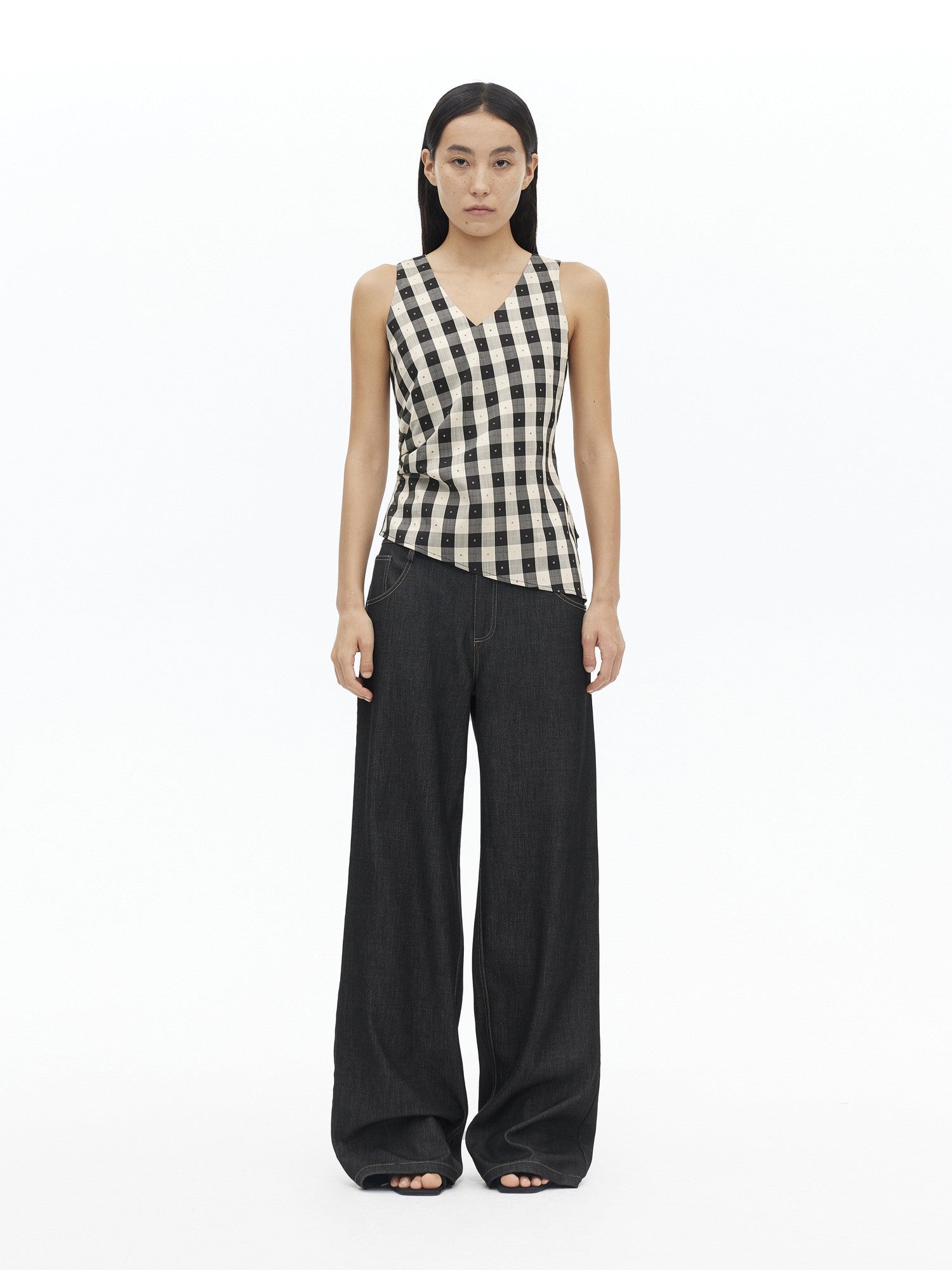 AFTADAWN Checkered 3d Embroidered V-neck Pleated Asymmetric Women&