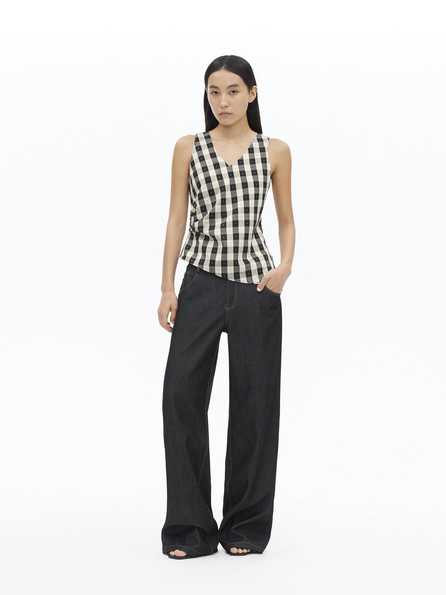 AFTADAWN Checkered 3d Embroidered V-neck Pleated Asymmetric Women&