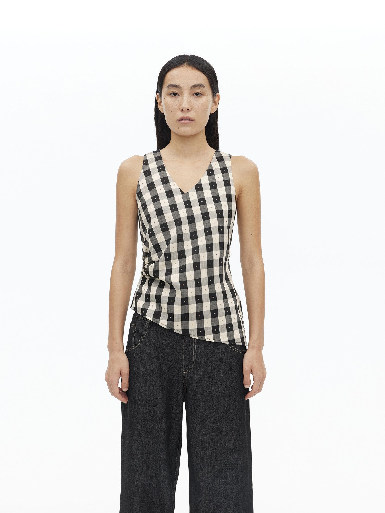 AFTADAWN Checkered 3d Embroidered V-neck Pleated Asymmetric Women&