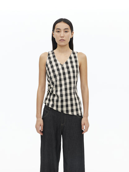AFTADAWN Checkered 3d Embroidered V-neck Pleated Asymmetric Women&