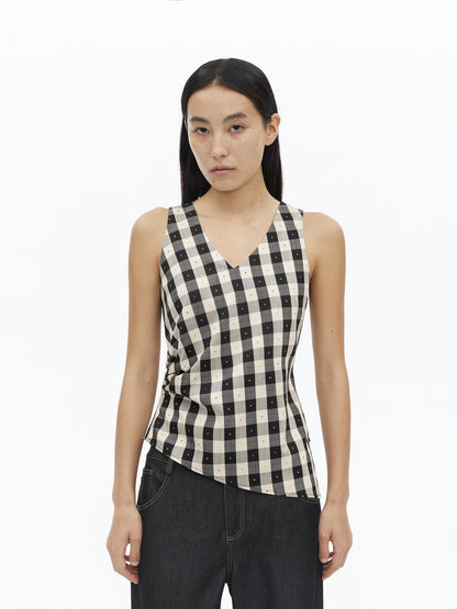 AFTADAWN Checkered 3d Embroidered V-neck Pleated Asymmetric Women&
