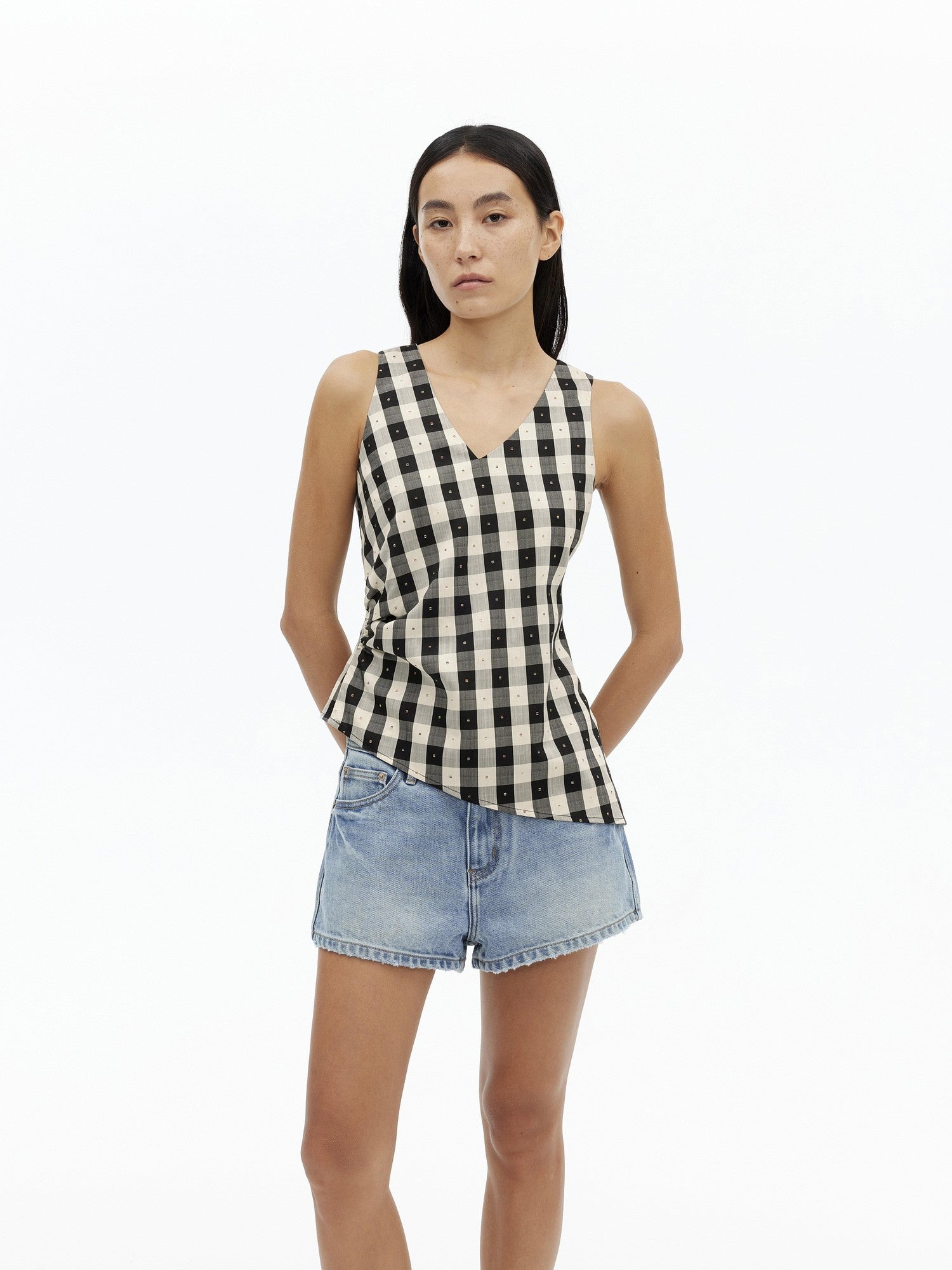 AFTADAWN Checkered 3d Embroidered V-neck Pleated Asymmetric Women&