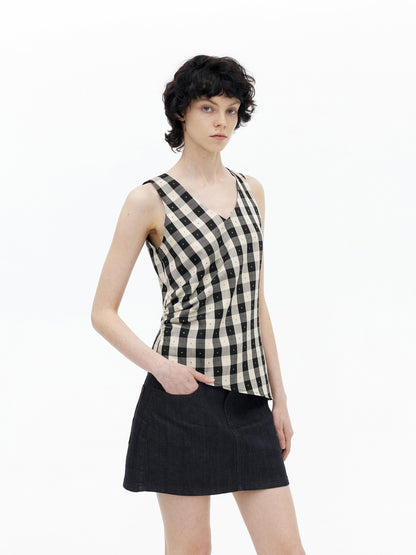 AFTADAWN Checkered 3d Embroidered V-neck Pleated Asymmetric Women&