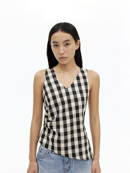AFTADAWN Checkered 3d Embroidered V-neck Pleated Asymmetric Women&