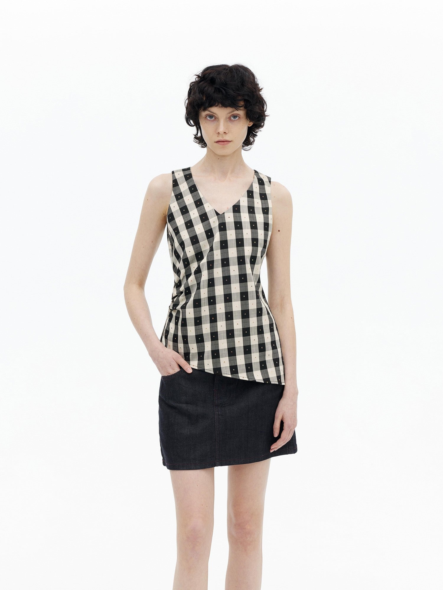 AFTADAWN Checkered 3d Embroidered V-neck Pleated Asymmetric Women&