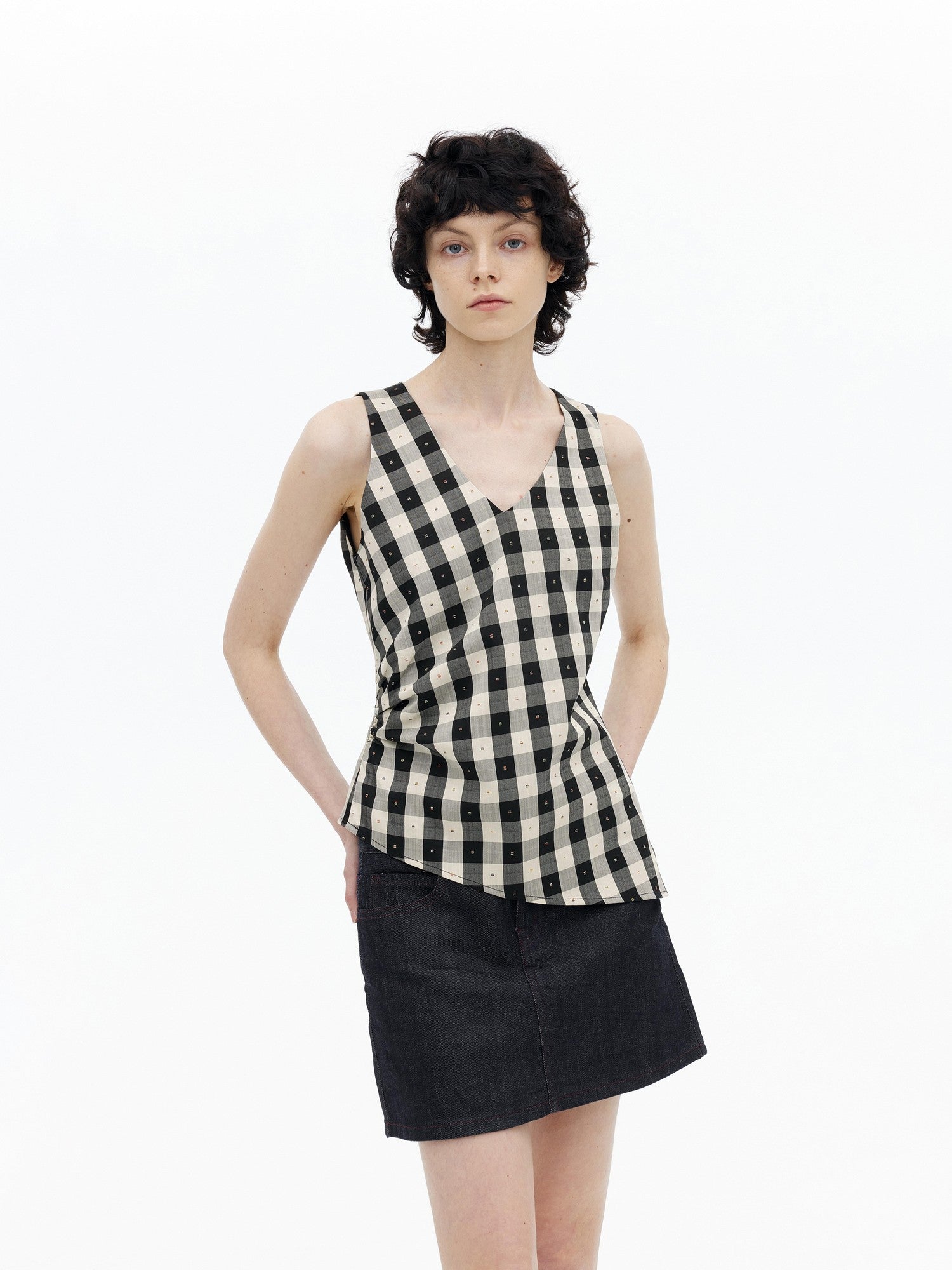 AFTADAWN Checkered 3d Embroidered V-neck Pleated Asymmetric Women&