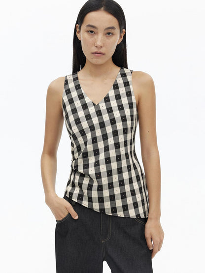 AFTADAWN Checkered 3d Embroidered V-neck Pleated Asymmetric Women&