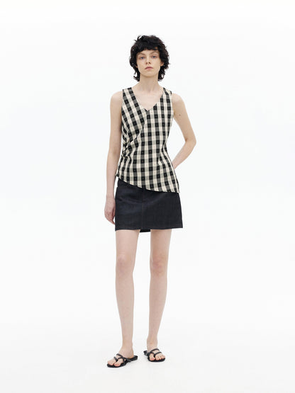 AFTADAWN Checkered 3d Embroidered V-neck Pleated Asymmetric Women&