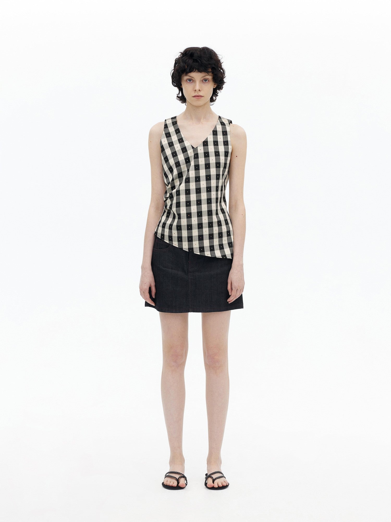 AFTADAWN Checkered 3d Embroidered V-neck Pleated Asymmetric Women&