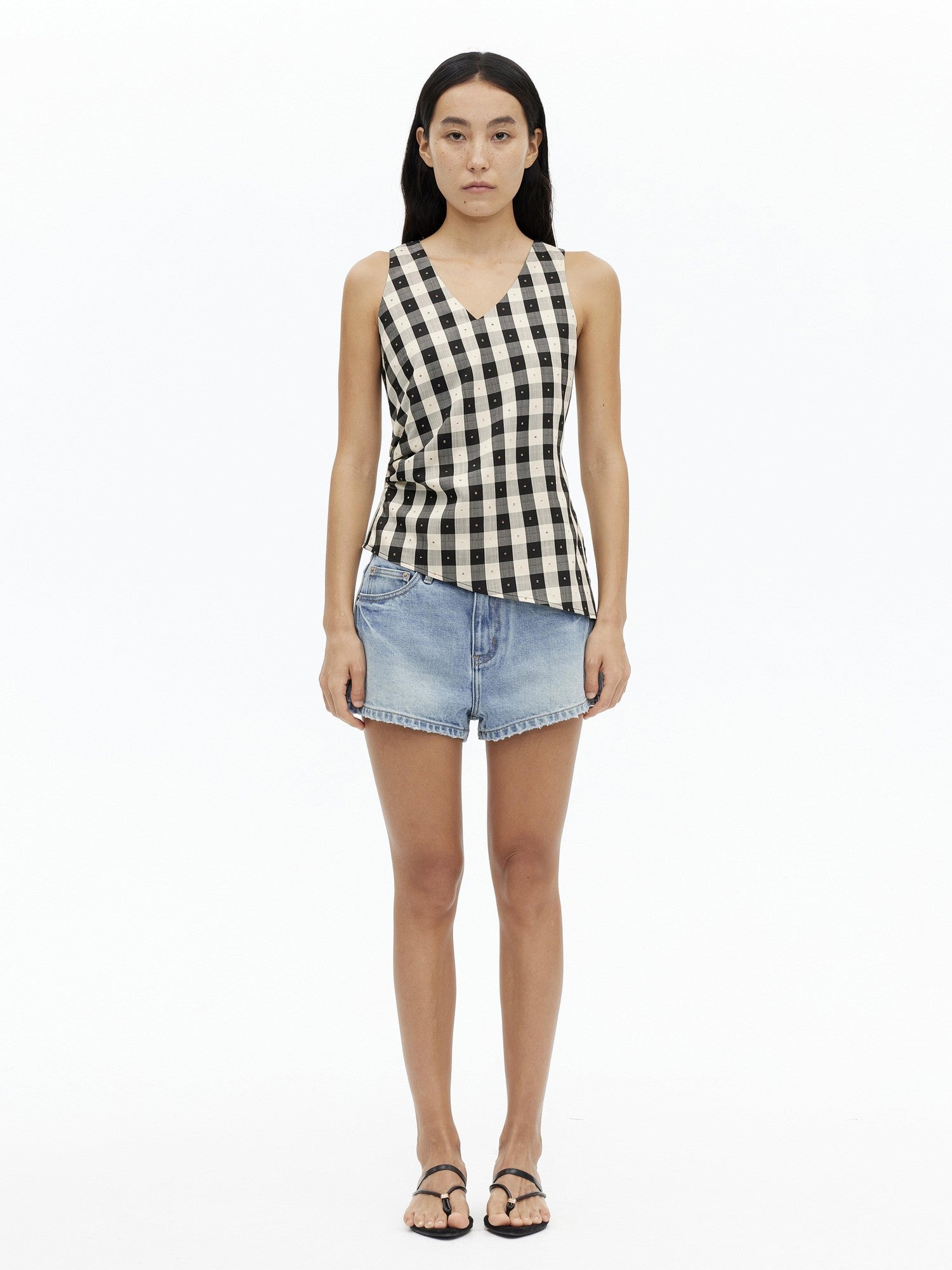 AFTADAWN Checkered 3d Embroidered V-neck Pleated Asymmetric Women&