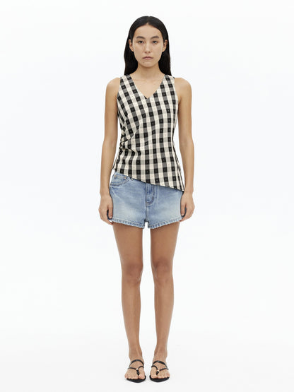 AFTADAWN Checkered 3d Embroidered V-neck Pleated Asymmetric Women&
