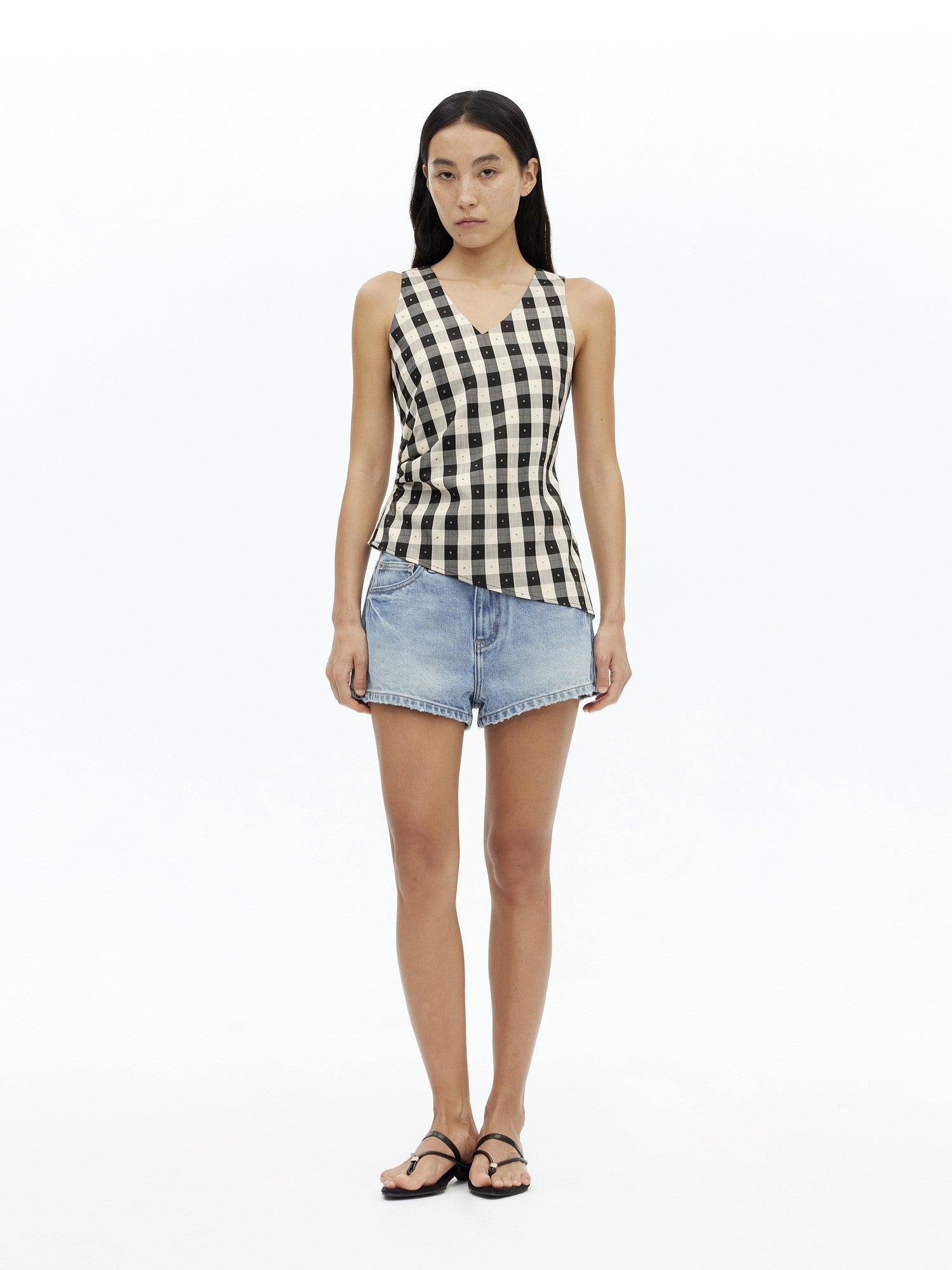 AFTADAWN Checkered 3d Embroidered V-neck Pleated Asymmetric Women&