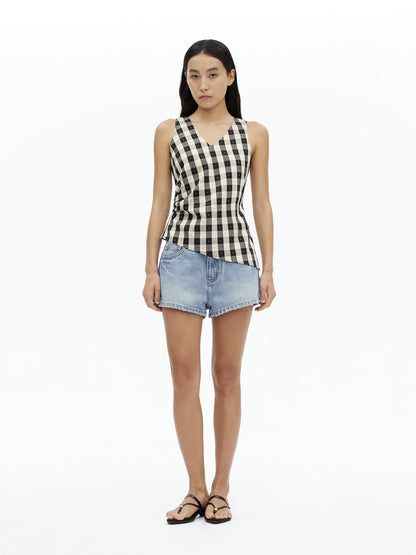 AFTADAWN Checkered 3d Embroidered V-neck Pleated Asymmetric Women&