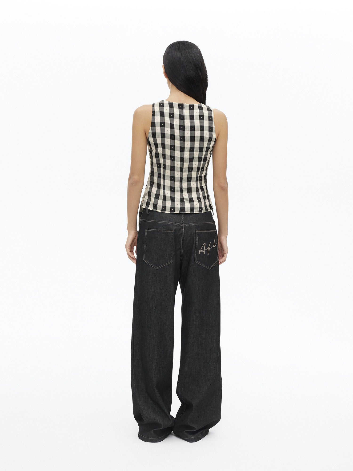 AFTADAWN Checkered 3d Embroidered V-neck Pleated Asymmetric Women&