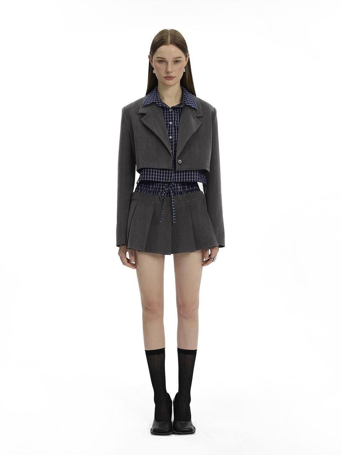 AFTADAWN Checkered Detachable Double Collar Blazer Pleated Skirt Set