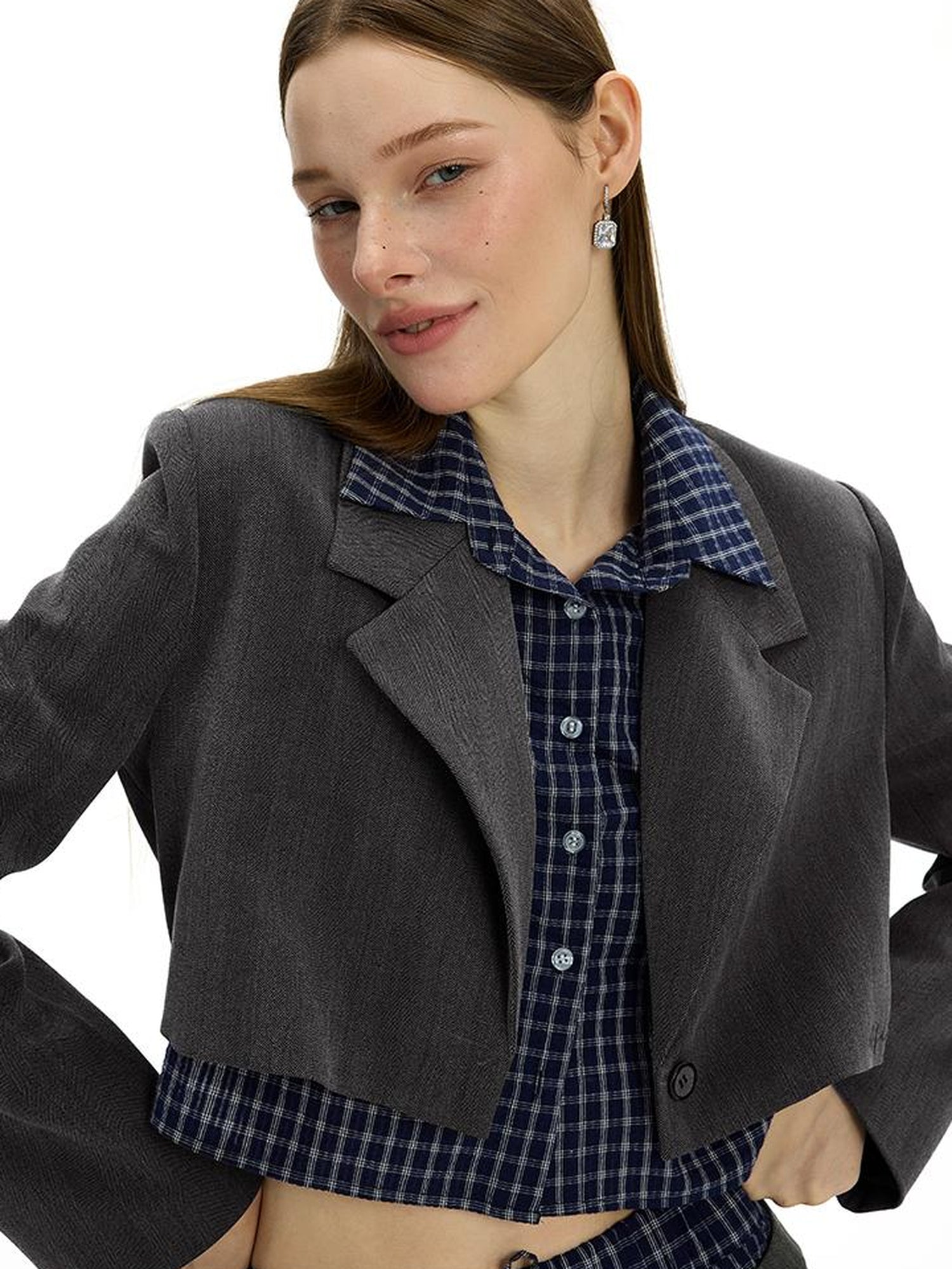 AFTADAWN Checkered Detachable Double Collar Blazer Pleated Skirt Set