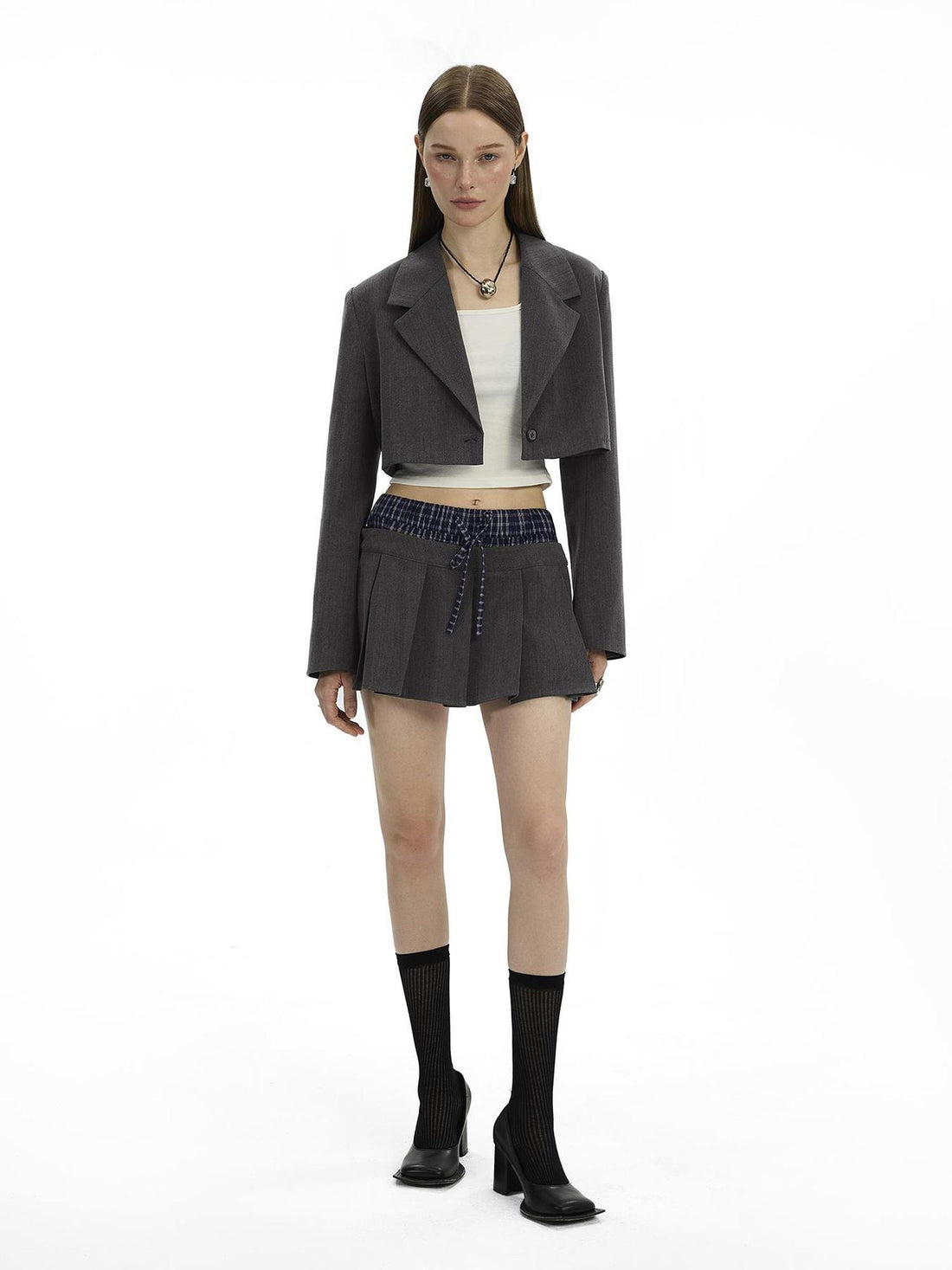 AFTADAWN Checkered Detachable Double Collar Blazer Pleated Skirt Set