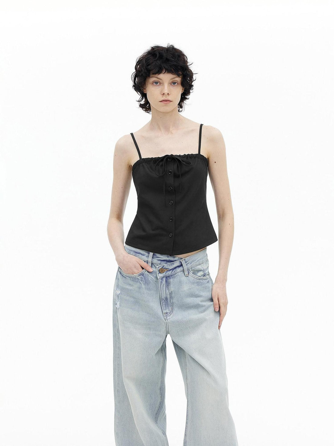 AFTADAWN Checkered Ruched Tie Buttoned Cinched Waist Women&