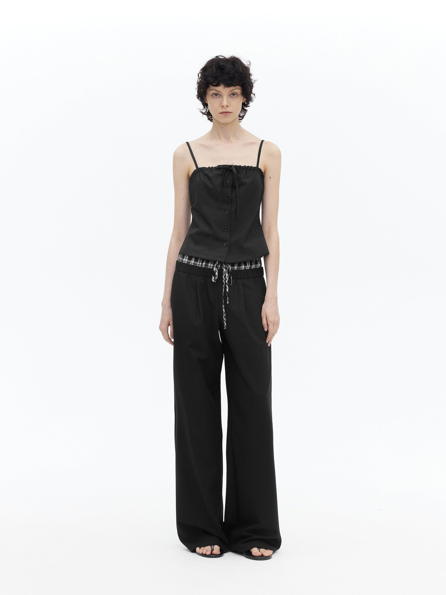 AFTADAWN Checkered Ruched Tie Buttoned Cinched Waist Women&