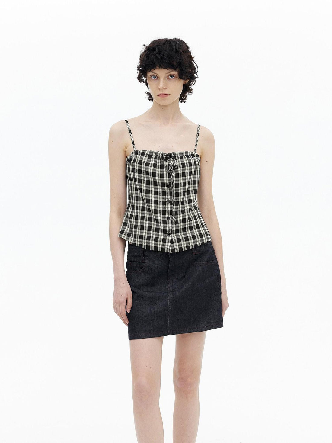 AFTADAWN Checkered Ruched Tie Buttoned Cinched Waist Women&