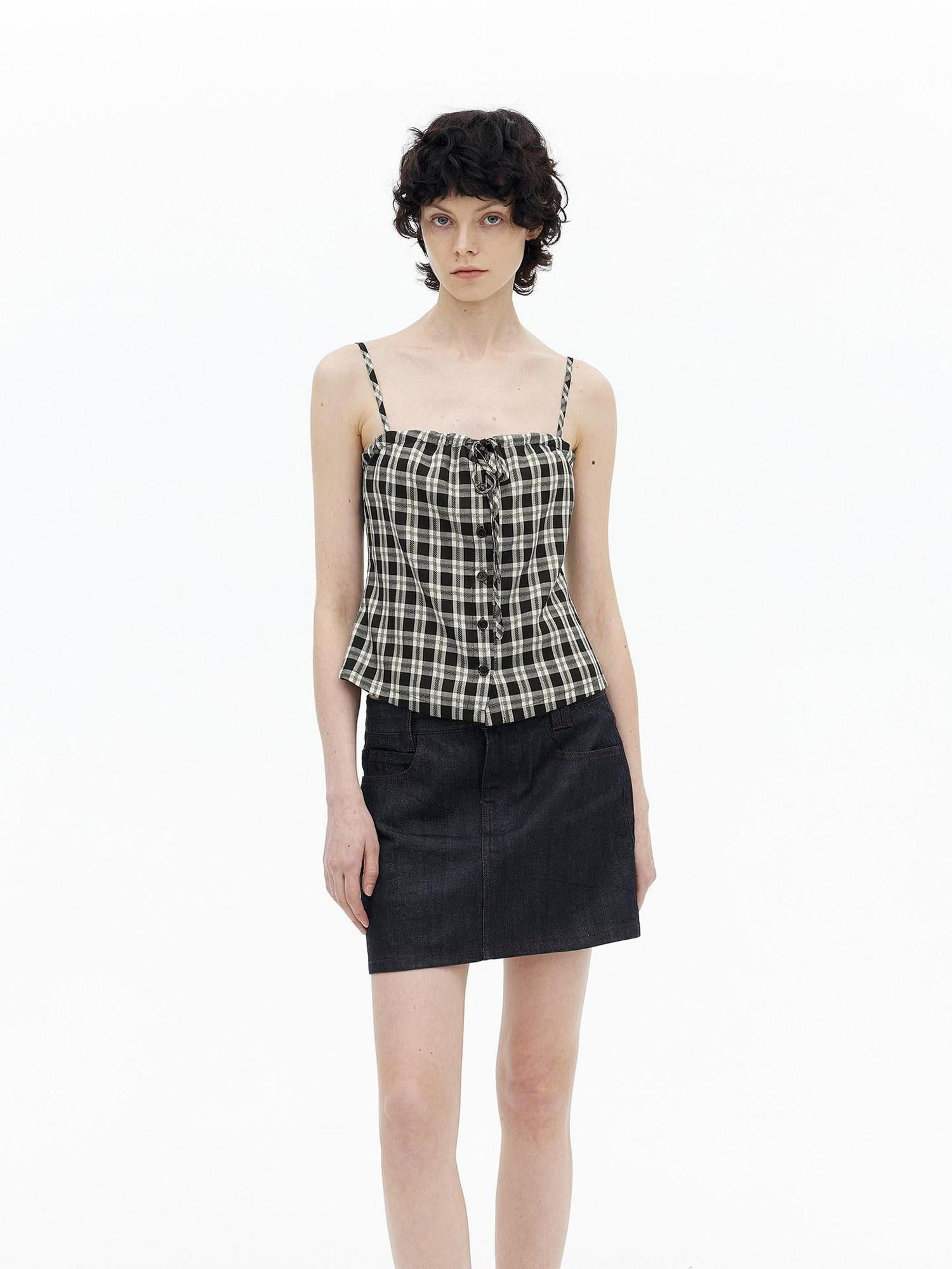 AFTADAWN Checkered Ruched Tie Buttoned Cinched Waist Women&