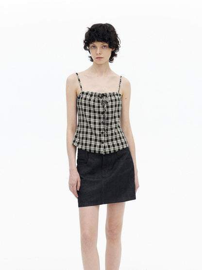 AFTADAWN Checkered Ruched Tie Buttoned Cinched Waist Women&