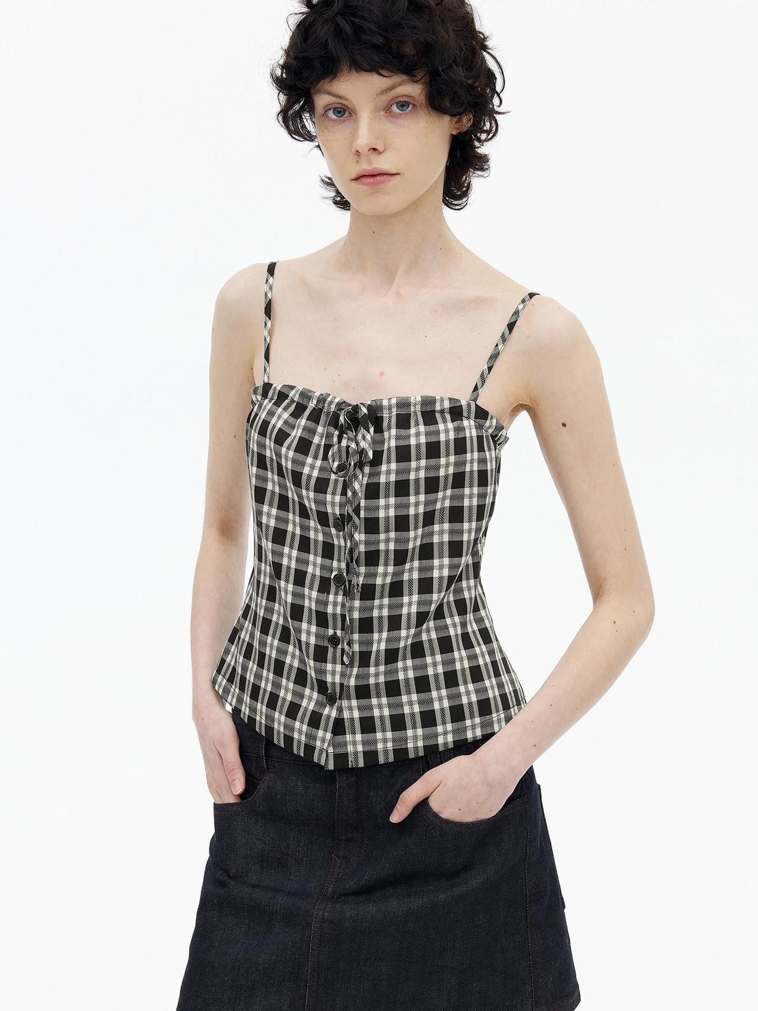 AFTADAWN Checkered Ruched Tie Buttoned Cinched Waist Women&