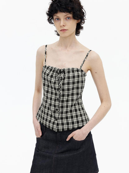AFTADAWN Checkered Ruched Tie Buttoned Cinched Waist Women&