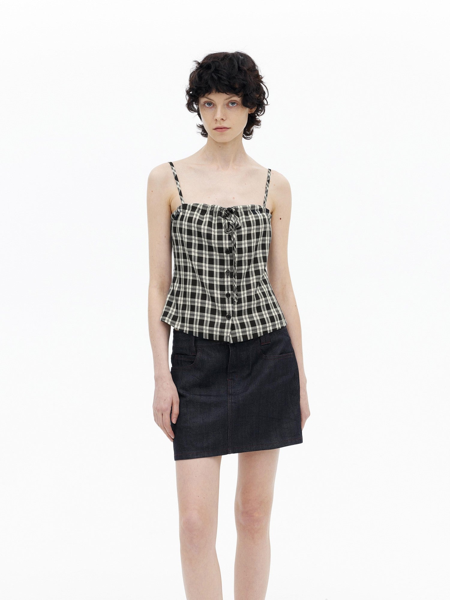 AFTADAWN Checkered Ruched Tie Buttoned Cinched Waist Women&