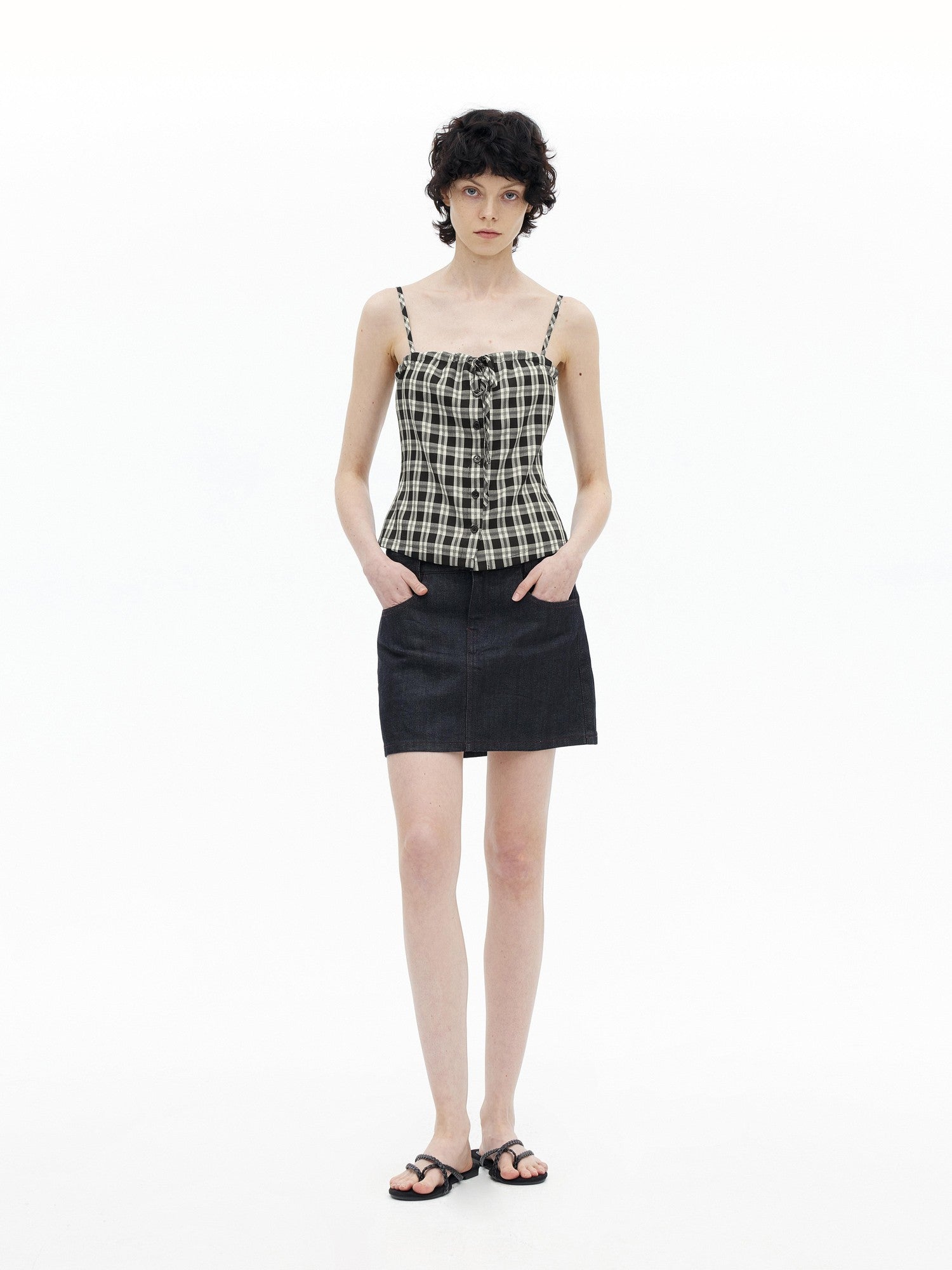 AFTADAWN Checkered Ruched Tie Buttoned Cinched Waist Women&