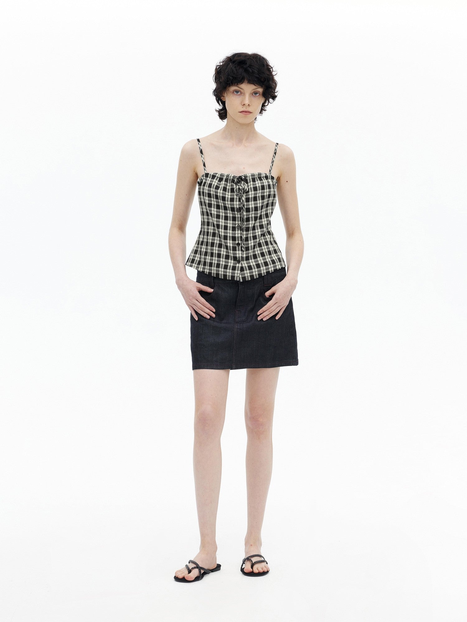 AFTADAWN Checkered Ruched Tie Buttoned Cinched Waist Women&