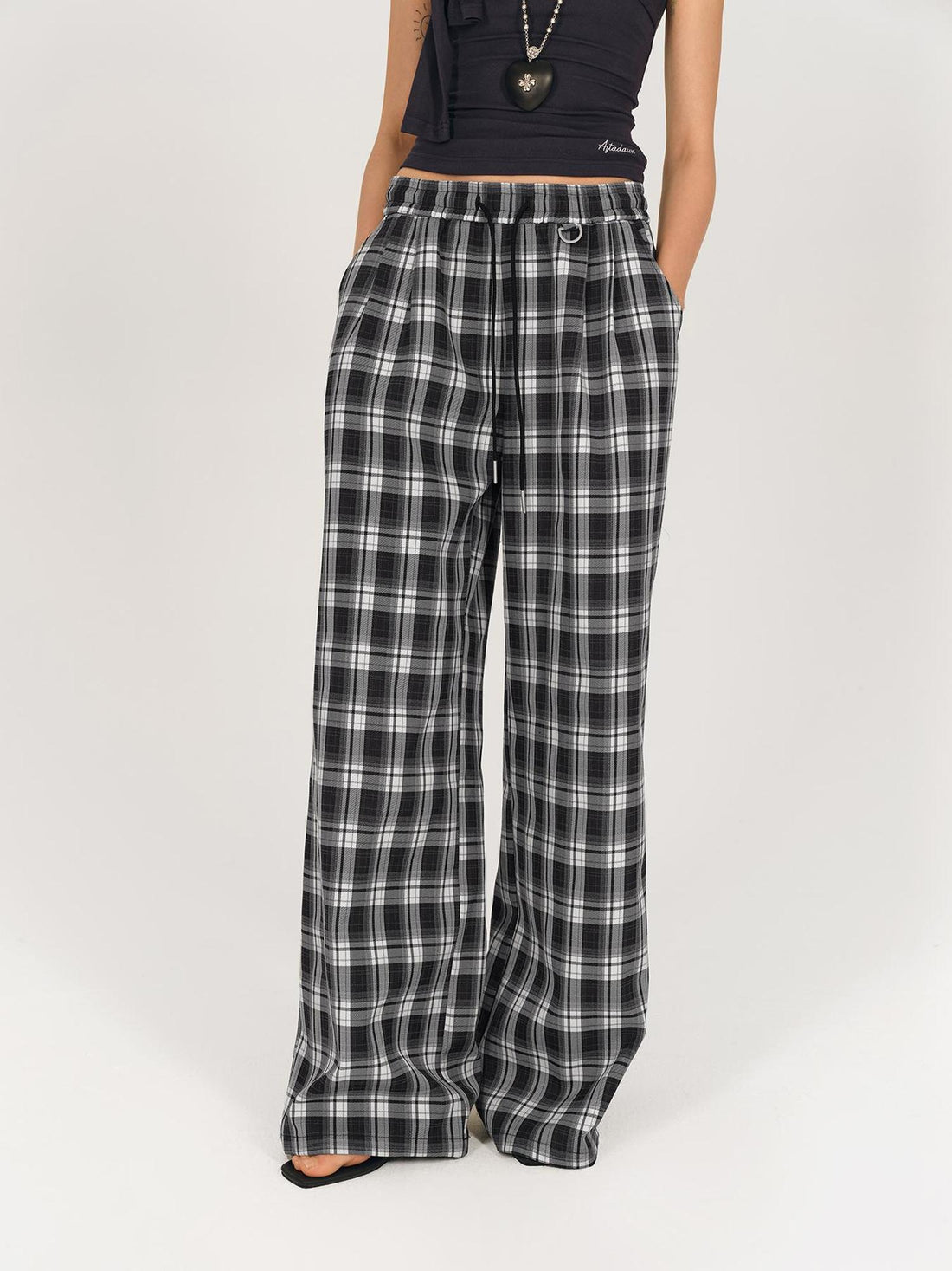 AFTADAWN Checkered Wide Leg Trousers With Adjustable Waist