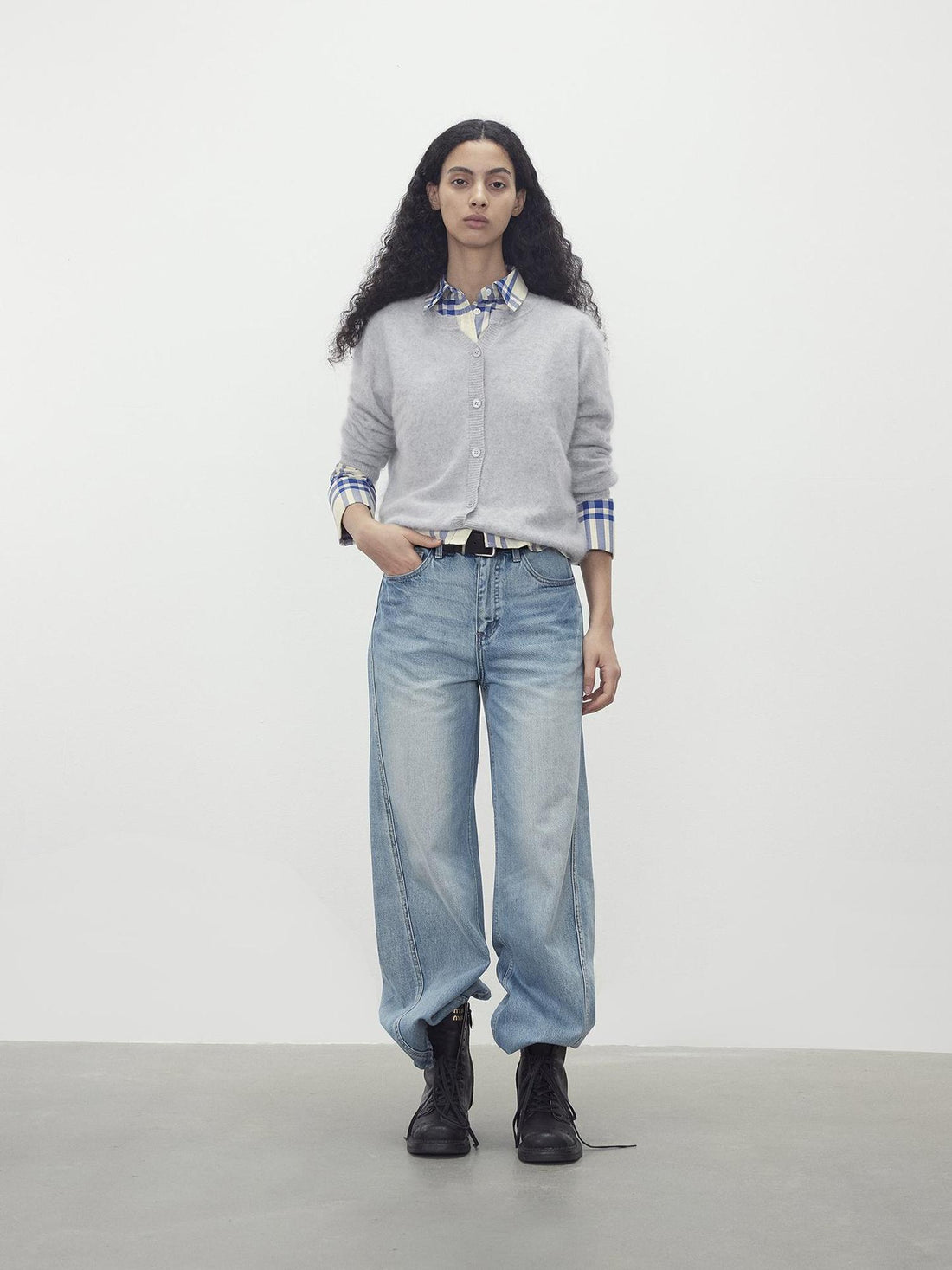 AFTADAWN Classic Blue And White Check Oversized Collar Shirt