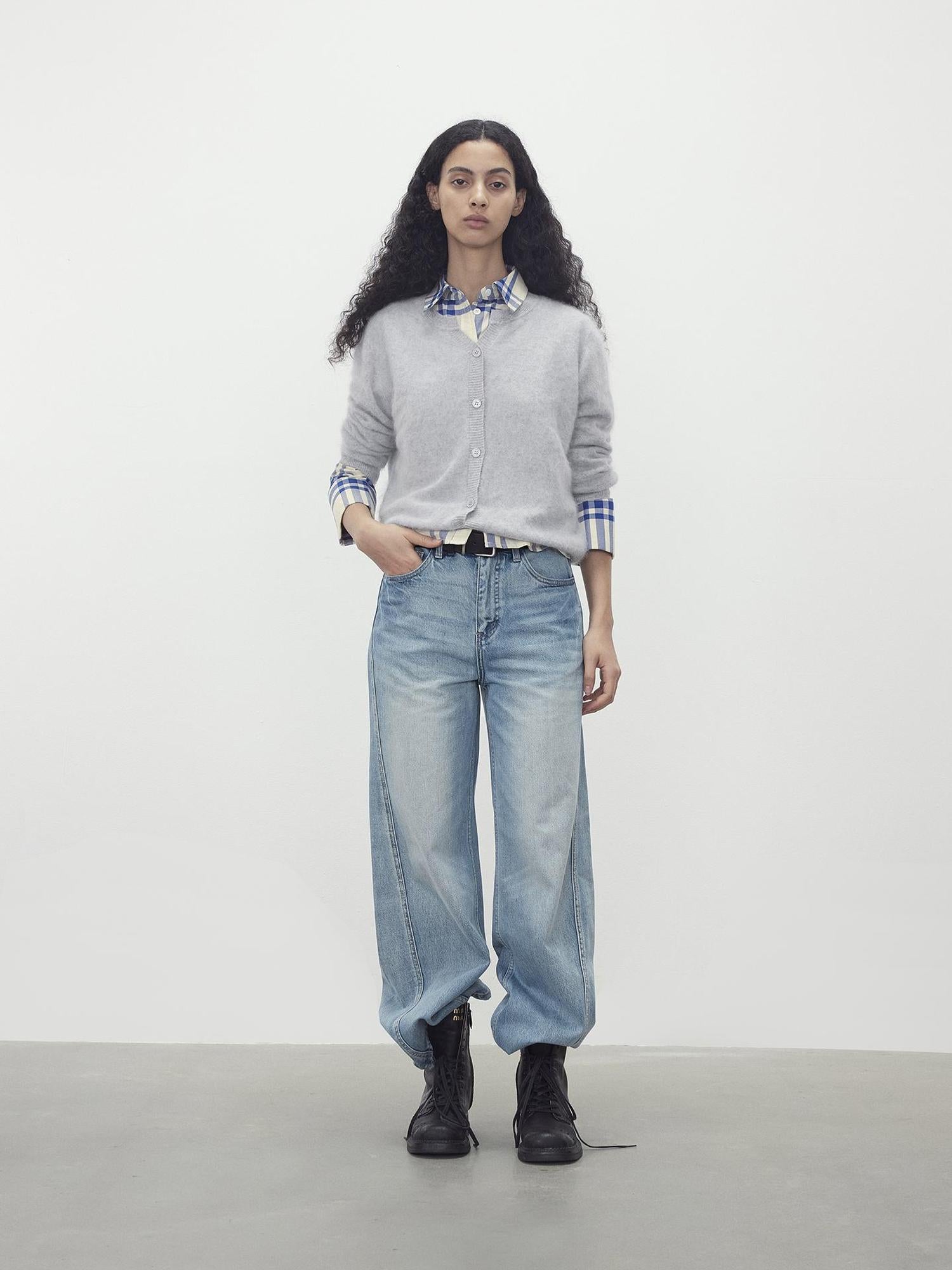 AFTADAWN Classic Blue And White Check Oversized Collar Shirt
