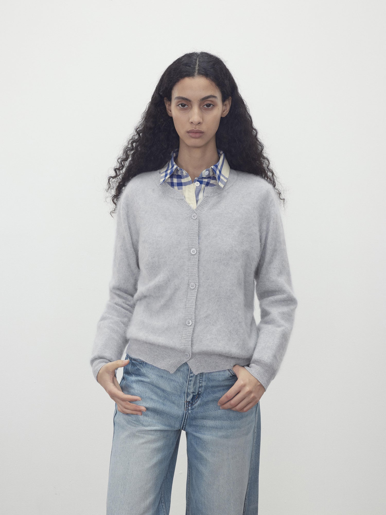 AFTADAWN Classic Blue And White Check Oversized Collar Shirt