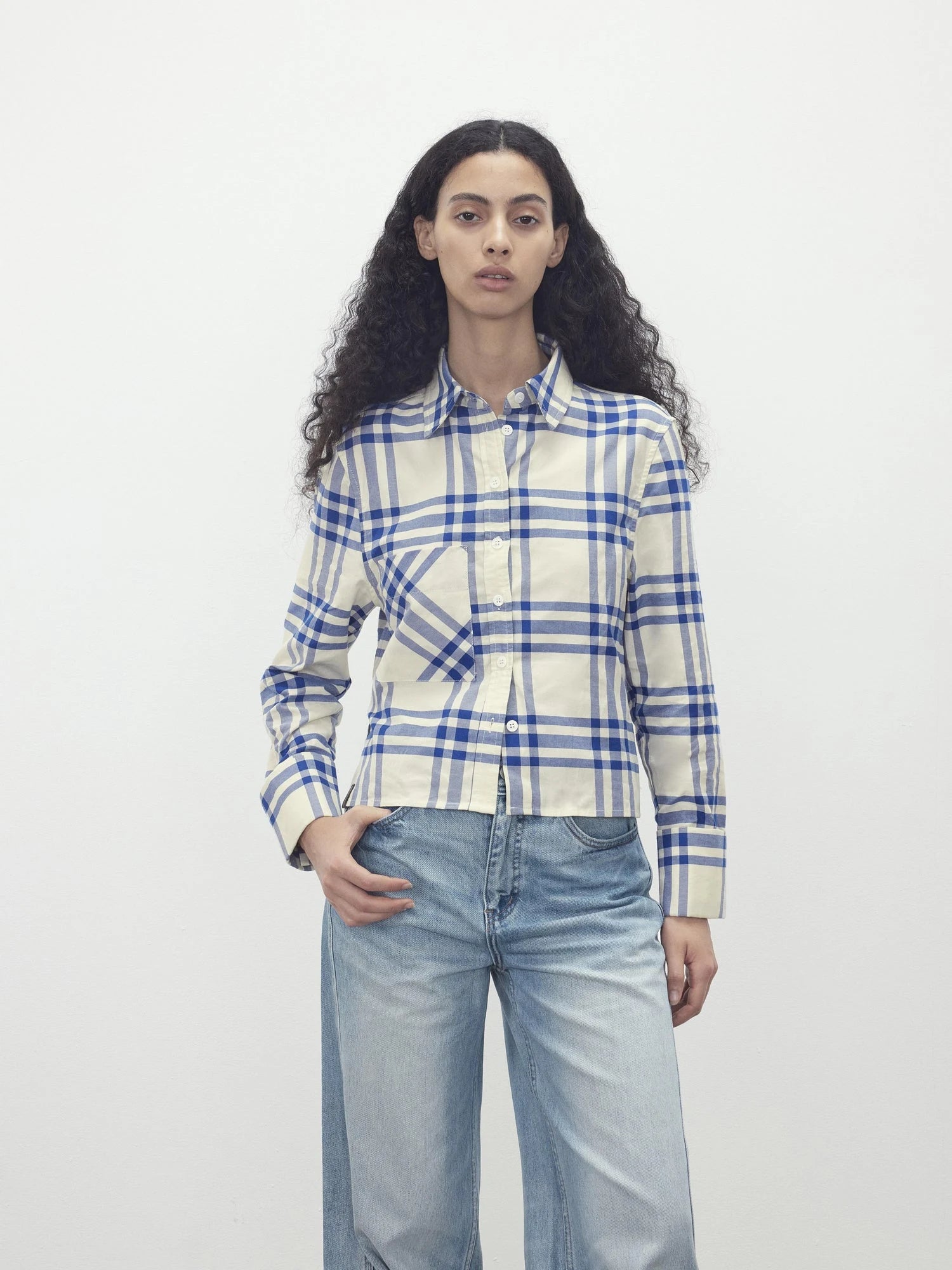 Classic Blue And White Check Oversized Collar Shirt