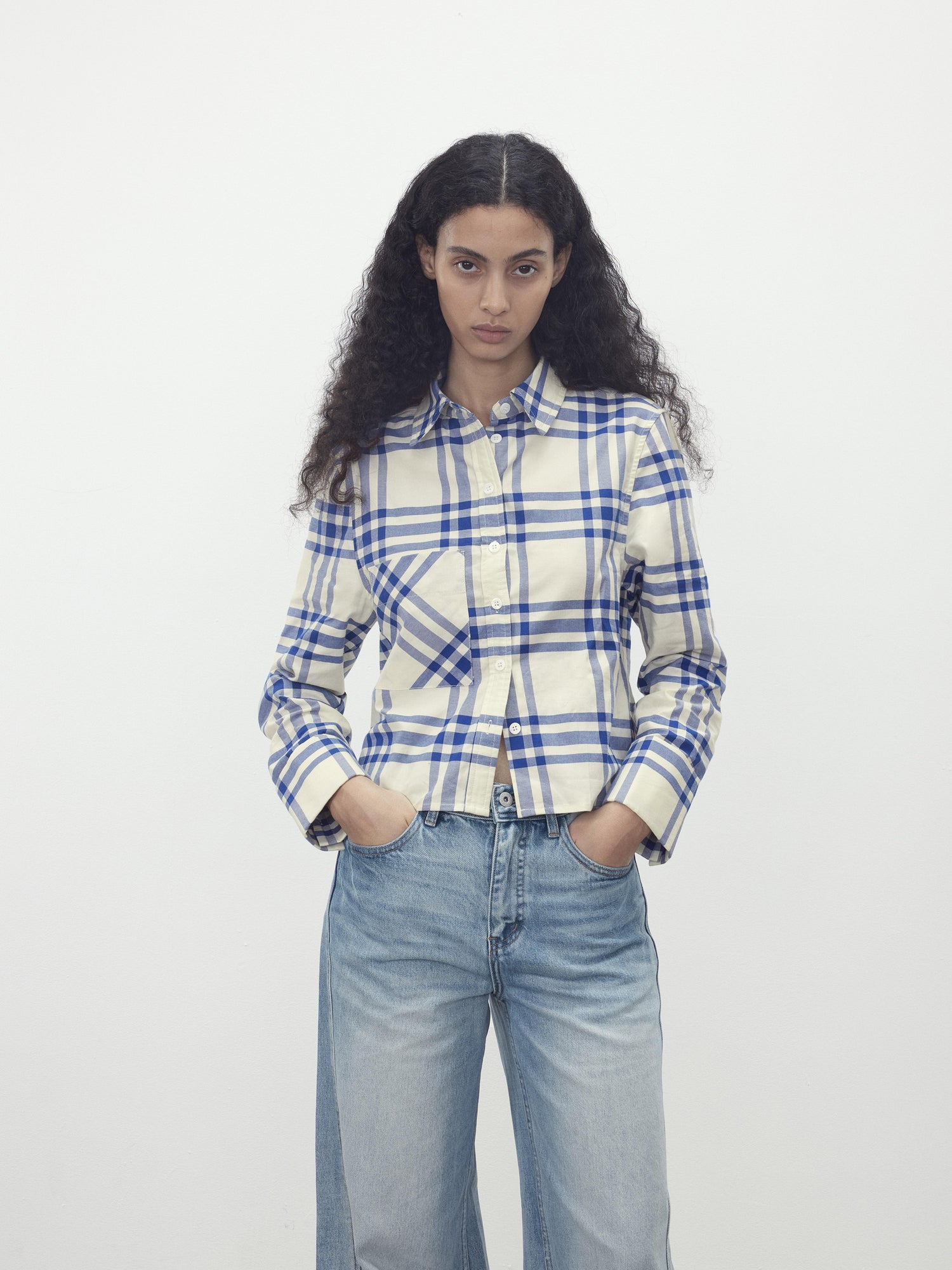 AFTADAWN Classic Blue And White Check Oversized Collar Shirt