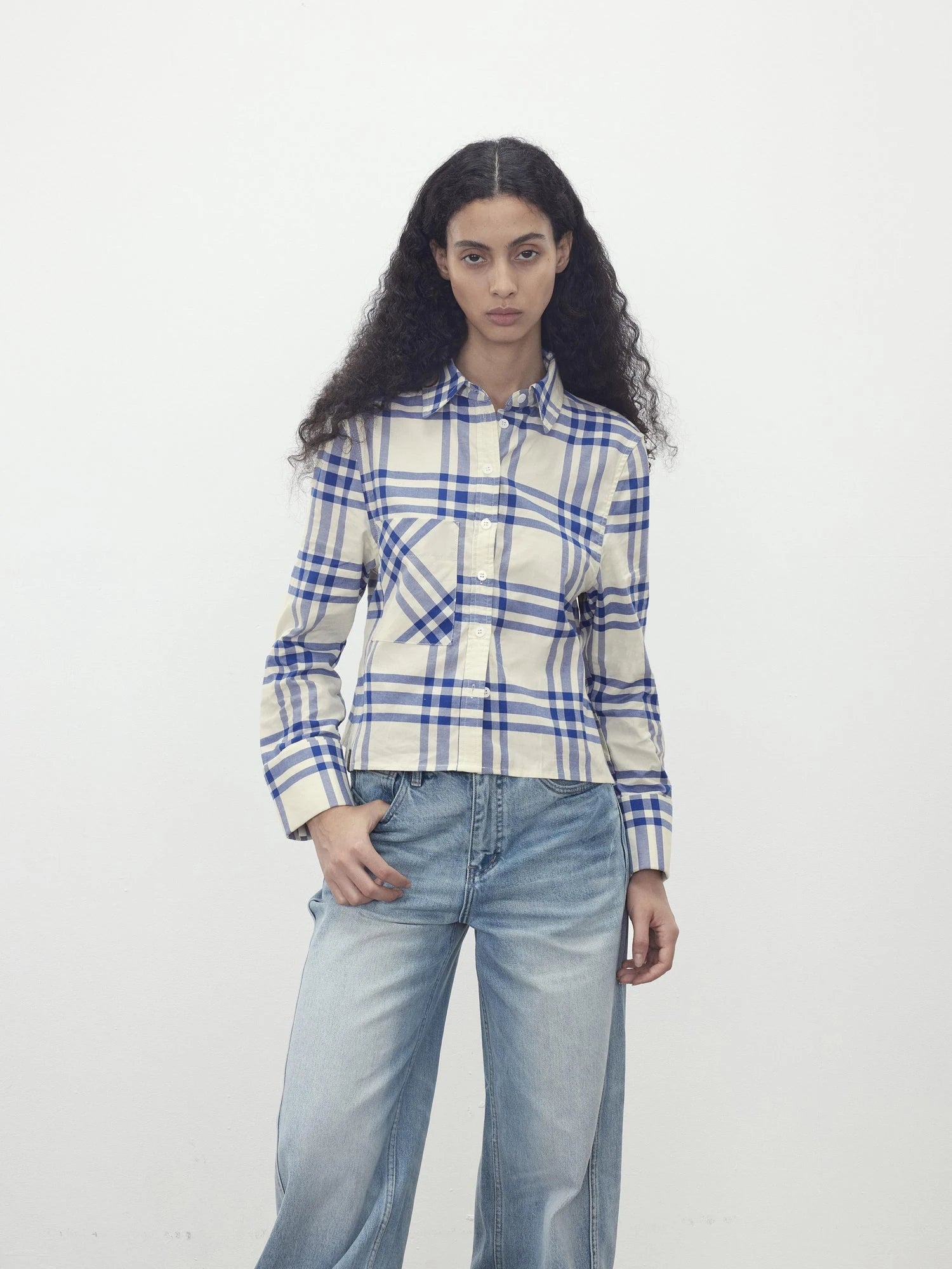 Classic Blue And White Check Oversized Collar Shirt